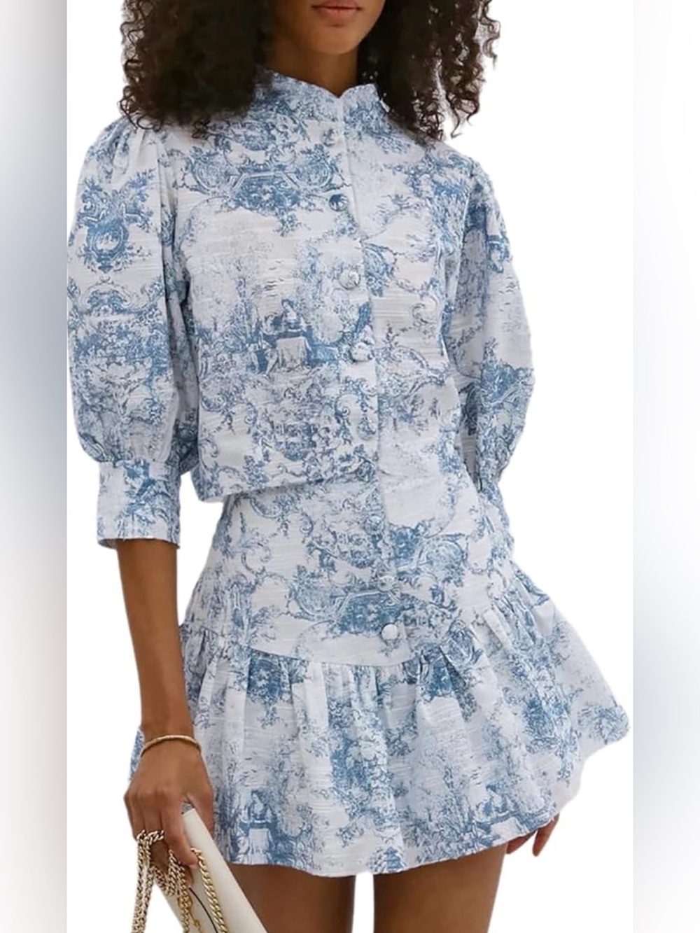 Blue Toile Print Short Dress with Puff Sleeves two piece